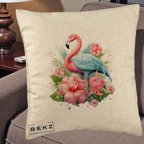 Perna Decorativa Flamingo cu Hibiscus Tropical, 40x40 cm, Bej, Husa Detasabila, Perna Inclusa, BEKZ®