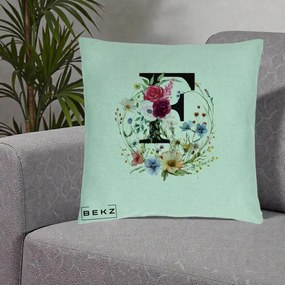 Cadou Personalizat - Perna Personalizata Monogram Litera F cu Flori Acuarela, 40x40 cm, Verde Menta, Husa Detasabila, Perna Inclusa, BEKZ®