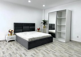 Dormitor Roma, culoare gri / alb, cu pat Roma 160 x 200 cm, dressing Erika si 2 noptiere Viena