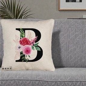 Cadou Personalizat - Perna Personalizata Monograma Florala Litera B, 40x40 cm, Bej Canapea, Husa Detasabila, Perna Inclusa, BEKZ®