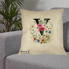 Cadou Personalizat - Perna Personalizata Monograma Florala Litera V cu Coroana, 40x40 cm, Crem, Husa Detasabila, Perna Inclusa, BEKZ®