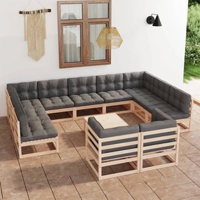 3077269 vidaXL Set mobilier grădină cu perne, 12 piese, lemn masiv de pin