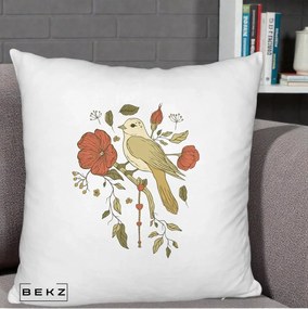Perna Decorativa Pasare pe Ramura cu Maci, 40x40 cm, Alb Pufos, Husa Detasabila, Perna Inclusa, BEKZ®