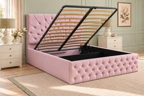 Pat tapițat Chesterfield din catifea Venezia 160×200 cm, roz, cu ladă de depozitare