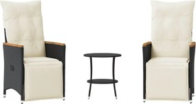 vidaXL Set bistro cu perne, 3 piese, negru, poliratan