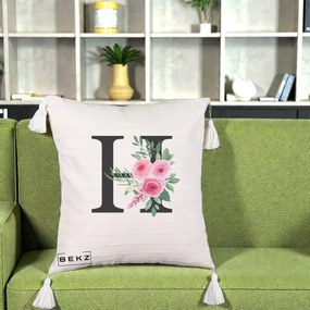 Cadou Personalizat - Perna Personalizata Monograma Florala Litera H cu Trandafiri Roz, 40x40 cm, Bej cu Franjuri, Husa Detasabila, Perna Inclusa, BEKZ®