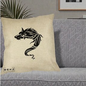Perna Decorativa Lup Tribal Alb-Negru, 40x40 cm, Crem, Husa Detasabila, Perna Inclusa, BEKZ®
