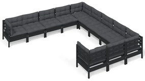 Set mobilier gradina cu perne, 11 piese, negru, lemn de pin Negru, 1