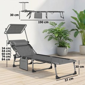 Outsunny Set de 2 șezlonguri pliabile cu pernă pentru cap, told, buzunar lateral și spătar reglabil în 5 poziții, gri | Aosom Romania