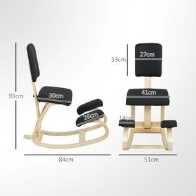 HOMCOM Scaun Ergonomic pentru Genunchi din Țesătură cu Aspect de In și Lemn de Mesteacăn, Negru | Aosom Romania