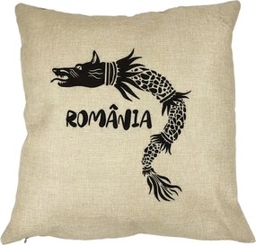 Perna Personalizata Patrata Lup Dacic Romania, 40x40 cm, Crem, Husa Detasabila, Perna Inclusa, BEKZ®