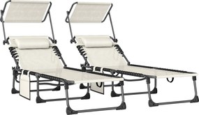 Outsunny Set de 2 Șezlonguri Pliabile cu Pernă pentru Cap Copertină Buzunar Lateral și Spătar Reglabil în 5 Poziții Crem | Aosom Romania