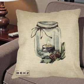 Perna Decorativa Felinar cu Lumanare si Conuri, 40x40 cm, Crem, Husa Detasabila, Perna Inclusa, BEKZ®