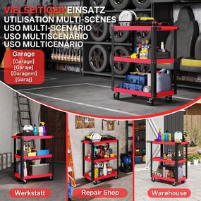 HOMCOM Cărucior Porta Unelte cu 3 Rafturi din Metal și PP, 70.5x35x82.5 cm, Roșu și Negru | Aosom Romania