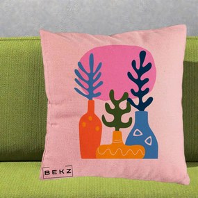 Perna Decorativa Vaze Botanice Abstract, 40x40 cm, Roz, Husa Detasabila, Perna Inclusa, BEKZ®