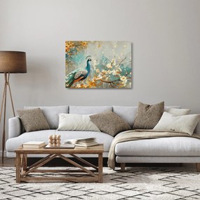 Tablou pe sticlă - Păun cu decor de aur (70x50 cm)