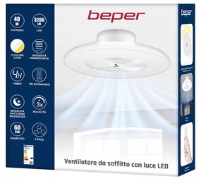 Ventilator de tavan cu LED 2in1 Beper P206VEN650, Lampa LED, 40 W, 3 viteze, Temporizator, Alb