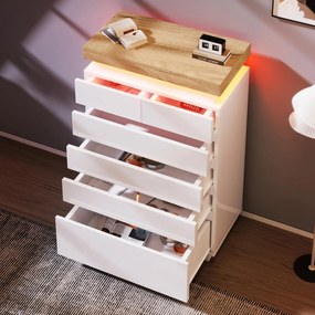 Comodă cu 6 sertare, iluminare LED, spațiu mare de depozitare, 73x39x115 cm, Alb