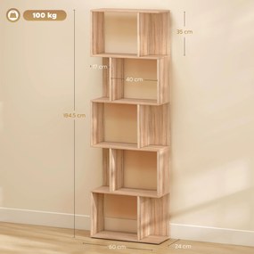 HOMCOM Bibliotecă cu 5 Rafturi Separate cu Spațiu de Economisire în Formă de S din Lemn, 60x24x184,5 cm, Lemn Natural | Aosom Romania