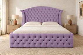 Pat tapițat Chesterfield din catifea Sorella Simple 180×200 cm, lila, cu ladă de depozitare