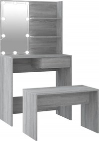 vidaXL Set măsuță de toaletă cu LED, sonoma gri, lemn prelucrat