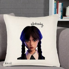 Perna Personalizata Wednesday Addams Portret Realist, 40x40 cm, Crem Reliefat, Husa Detasabila, Perna Inclusa, BEKZ®