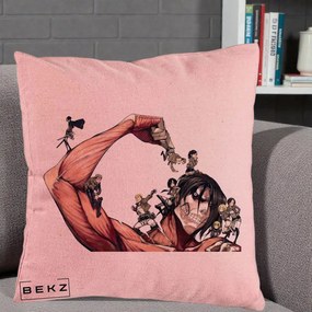 Perna Personalizata Attack on Titan Eren Titan Grup, 40x40 cm, Roz, Husa Detasabila, Perna Inclusa, BEKZ®