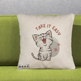 Perna Personalizata Take It Easy Cat, 40x40 cm, Bej Canapea, Husa Detasabila, Perna Inclusa, BEKZ®