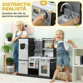 AIYAPLAY Bucătărie de Jucărie pentru Copii 3-8 Ani din Lemn cu Accesorii, Frigider, Chiuvetă și Buton cu Sunete, Maro | Aosom Romania