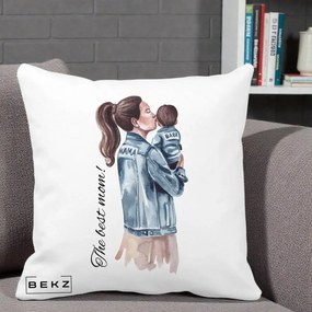 Cadou pentru Mama - Perna Personalizata The Best Mom Jachete, 40x40 cm, Alba Mata, Husa Detasabila, Perna Inclusa, BEKZ®