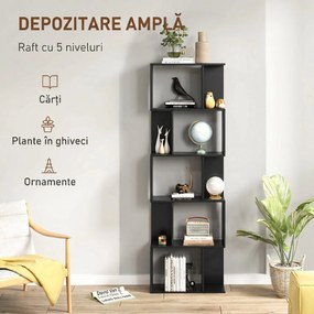 HOMCOM Bibliotecă cu 5 Rafturi Divizate în Formă de S din Lemn, 60x24x184.5 cm, Negru | Aosom Romania