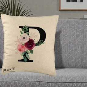 Cadou Personalizat - Perna Personalizata Monograma Florala Litera P, 40x40 cm, Bej, Husa Detasabila, Perna Inclusa, BEKZ®