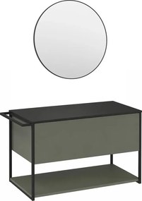 Set dulap baza suspendat Krofam Lov verde-negru 80 cm blat negru si oglinda cu rama neagra