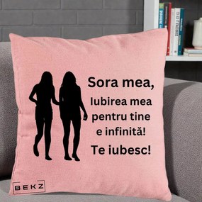 Cadou pentru Sora - Perna Personalizata Sora Mea Te Iubesc Siluete Negre Tinand Maini, 40x40 cm, Roz, Husa Detasabila, Perna Inclusa, BEKZ®