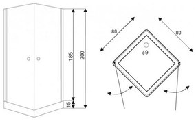 Cabină de duș pătrată MADRID cu ușă batantă, 80x80x185 cm