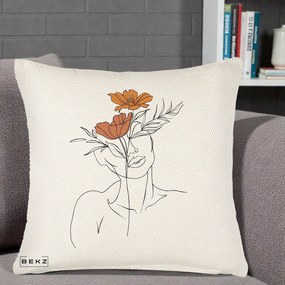 Perna Decorativa Portret Feminin Doua Flori, 40x40 cm, Crem Reliefat, Husa Detasabila, Perna Inclusa, BEKZ®