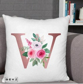 Cadou Personalizat - Perna Personalizata Monograma Rose Gold Litera W cu Trandafiri si Anemona, 40x40 cm, Alb Pufos, Husa Detasabila, Perna Inclusa, BEKZ®