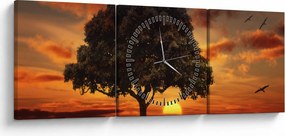 Tablou cu pomi și apus de soare (cu ceas) (90x30 cm)