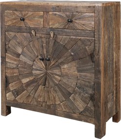 Bufet rustic din lemn vechi reciclat, 2 uși cu decor solar sculptat, 2 sertare, 90 cm, „Grimaud"