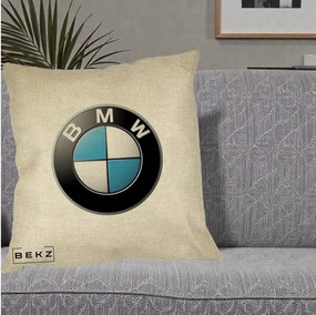 Perna Personalizata cu emblema BMW, 40x40 cm, Crem, Husa Detasabila, Perna Inclusa, BEKZ®