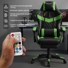 RESIGILAT- Scaun gaming, sistem iluminare bandă LED RGB, masaj în perna lombară, suport picioare, Negru/Verde