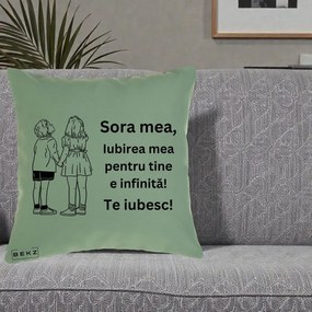 Cadou pentru Sora - Perna Personalizata Sora Mea Te Iubesc Copii Tinand Maini Line Art, 40x40 cm, Verde, Husa Detasabila, Perna Inclusa, BEKZ®