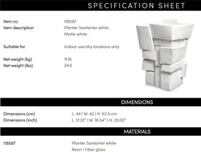 Ghiveci de flori LUX, Fibra de sticla, Alb, Santanter