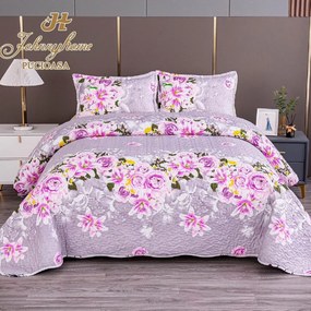 Cuvertura pentru pat dublu cu 2 fete  matlasata  Bumbac Satinat Superior  Roz  flori  frunze