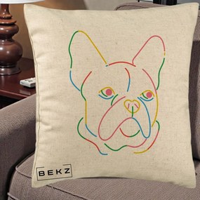 Perna Decorativa Bulldog Francez Line Art Curcubeu, 40x40 cm, Bej, Husa Detasabila, Perna Inclusa, BEKZ®