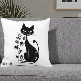 Perna Decorativa Pisica Neagra Grafica Minimalista, 40x40 cm, Alba Mata, Husa Detasabila, Perna Inclusa, BEKZ®