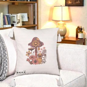 Perna Decorativa Ciuperca Caine Boho, 40x40 cm, Bej cu Franjuri, Husa Detasabila, Perna Inclusa, BEKZ®