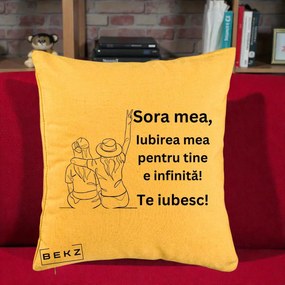 Cadou pentru Sora - Perna Personalizata Sora Mea Te Iubesc Line Art Portrete Colorate, 40x40 cm, Galben, Husa Detasabila, Perna Inclusa, BEKZ®