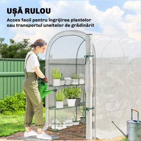 Outsunny Seră de Grădină cu Rafturi și Ușă Rulabilă, Seră pentru Grădină cu Cadru din Oțel, Acoperiș din PE Anti-UV, pentru Legume, Flori și Plante, 123x187x189 cm, Alb | Aosom Romania