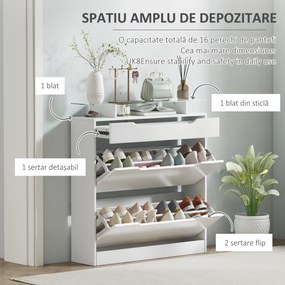 HOMCOM Suport pentru Pantofi cu 2 Sertare pentru 16 Perechi de Pantofi cu Etajeră Reglabilă și Raft din Sticlă, 89x23x96cm, Alb Lucios | Aosom Romania